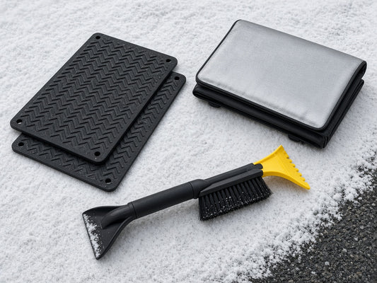 Winter car kit: traction mats, windshield cover and snow brush